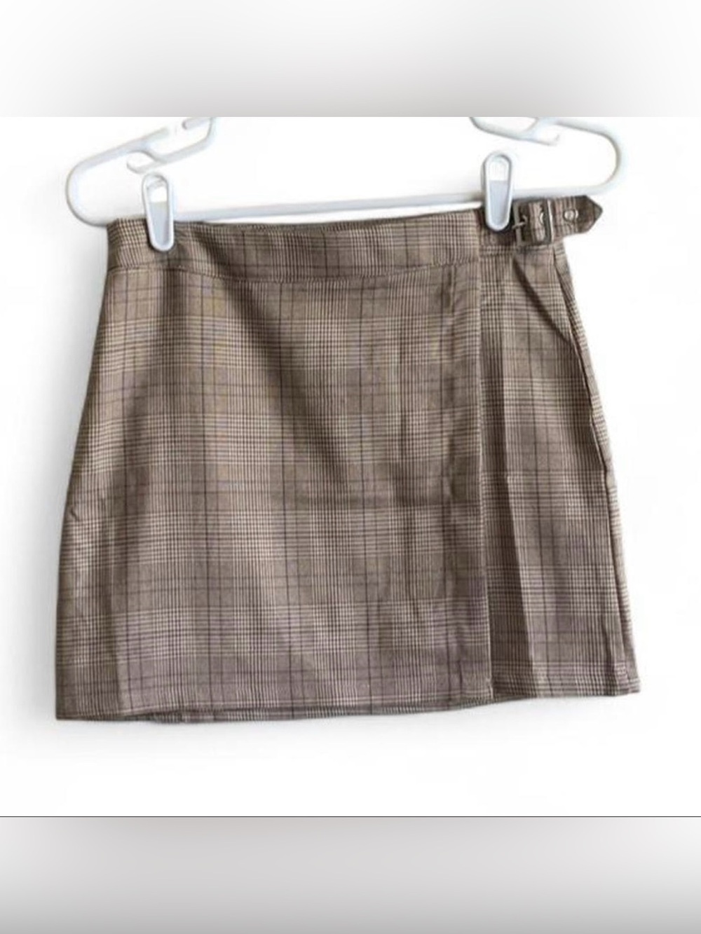 Brown Plaid Mini Skirt W/ Side Buckle Size Small
